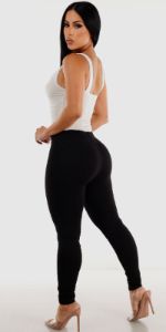 Low Rise Black Butt Lifting Pants Sleeveless White Ruched Bodysuit and Pink Printed Formal Blazer sold by Moda