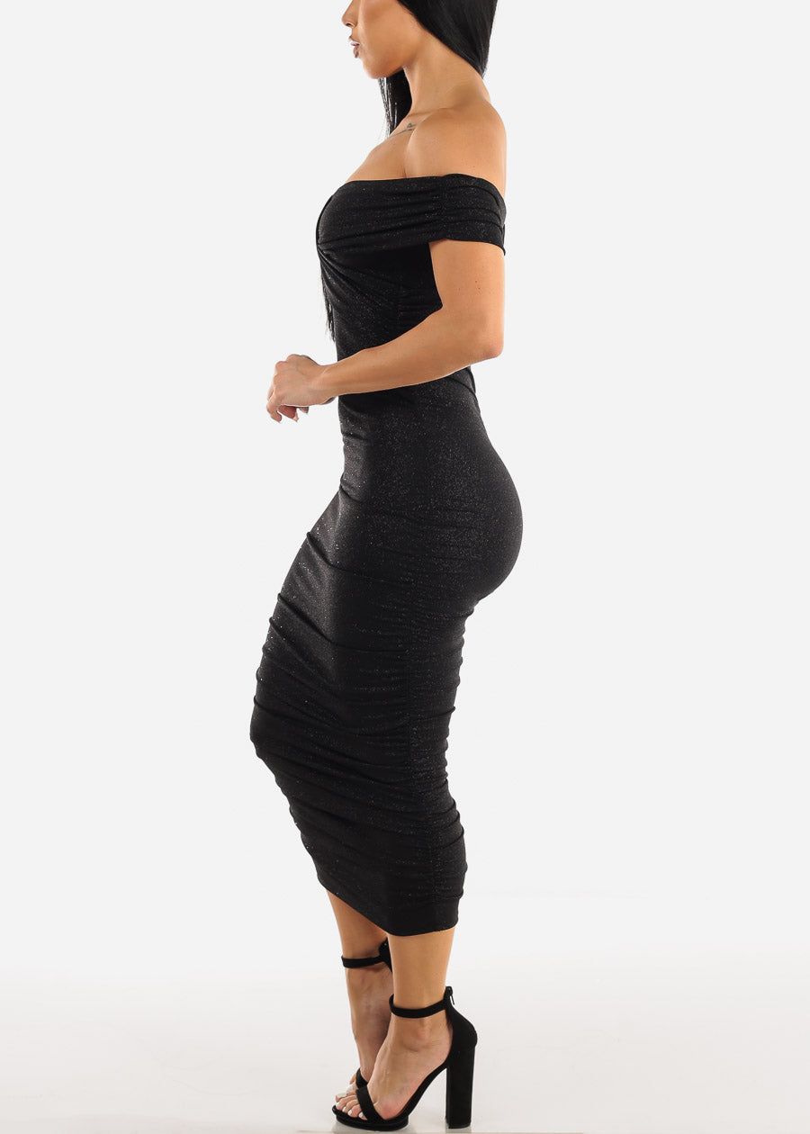 Sexy Shiny Black Off Shoulder Ruched Stretchy Midi Dress sold by Moda product image thumbnail 2