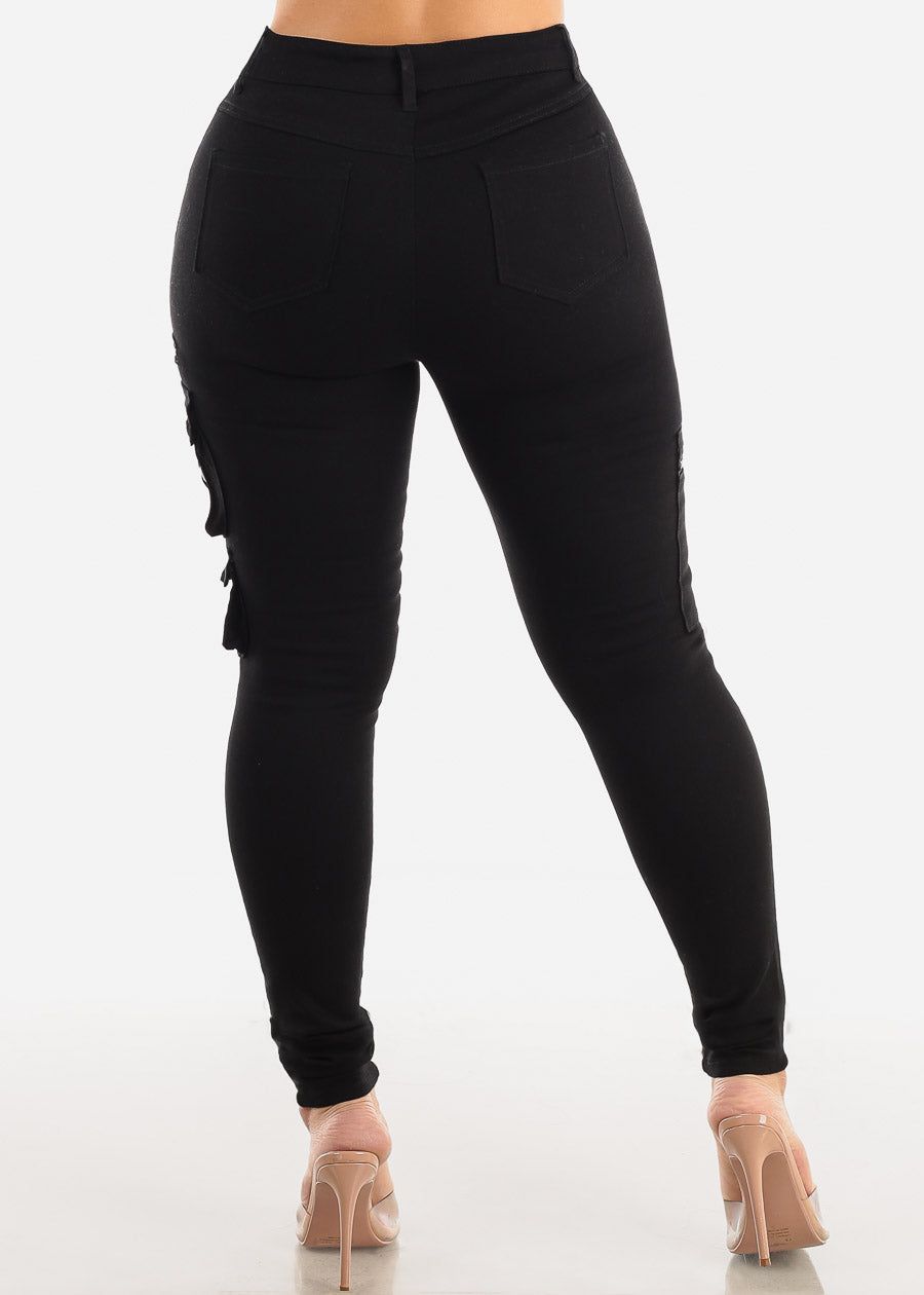 Black High Waisted Cargo Skinny Pants w Zipper Detail sold by Moda product image thumbnail 4