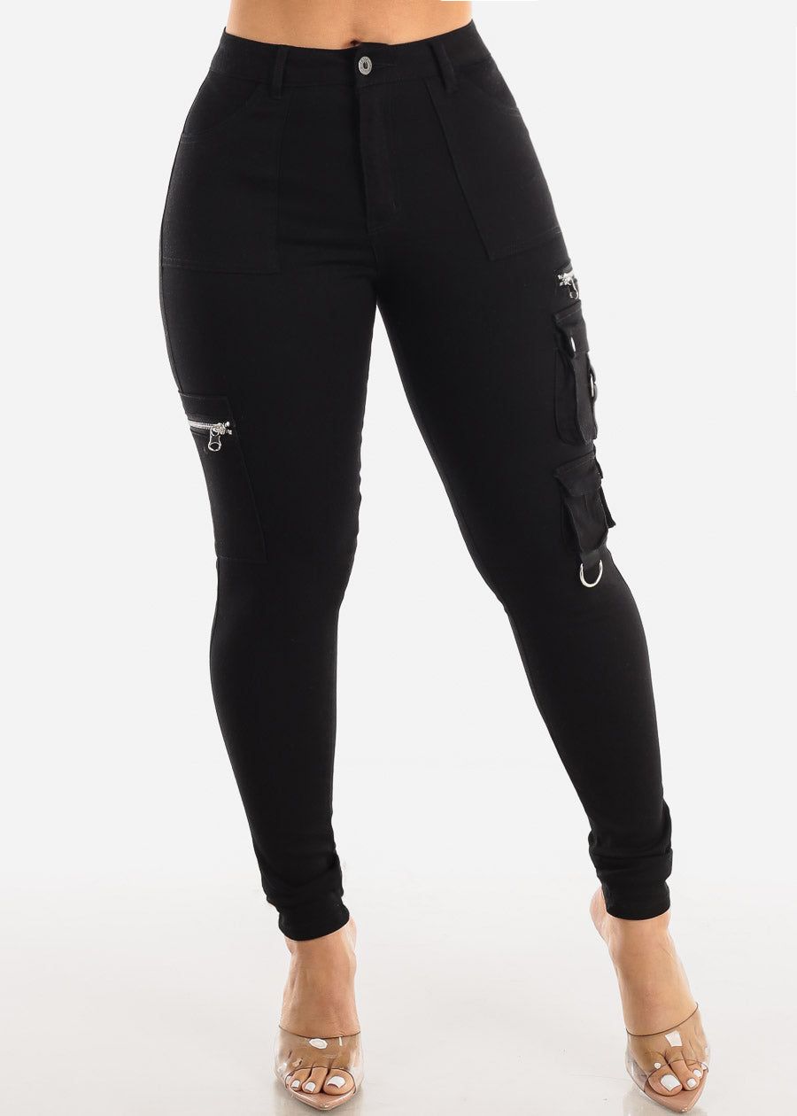 Black High Waisted Cargo Skinny Pants w Zipper Detail sold by Moda product image thumbnail 2