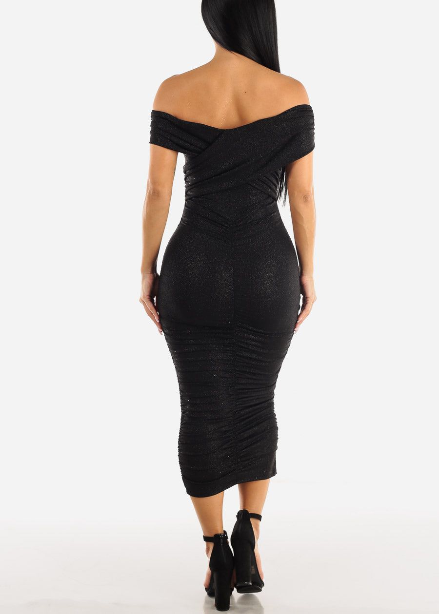 Sexy Shiny Black Off Shoulder Ruched Stretchy Midi Dress sold by Moda product image thumbnail 3