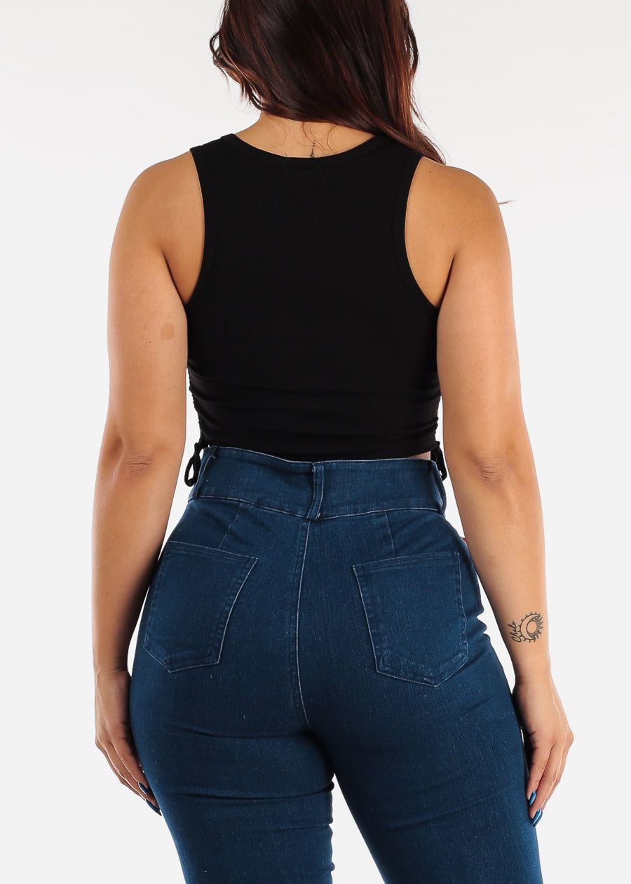 Black Sleeveless Ribbed Crop Top w Ruched Drawstring Sides sold by Moda product image thumbnail 4
