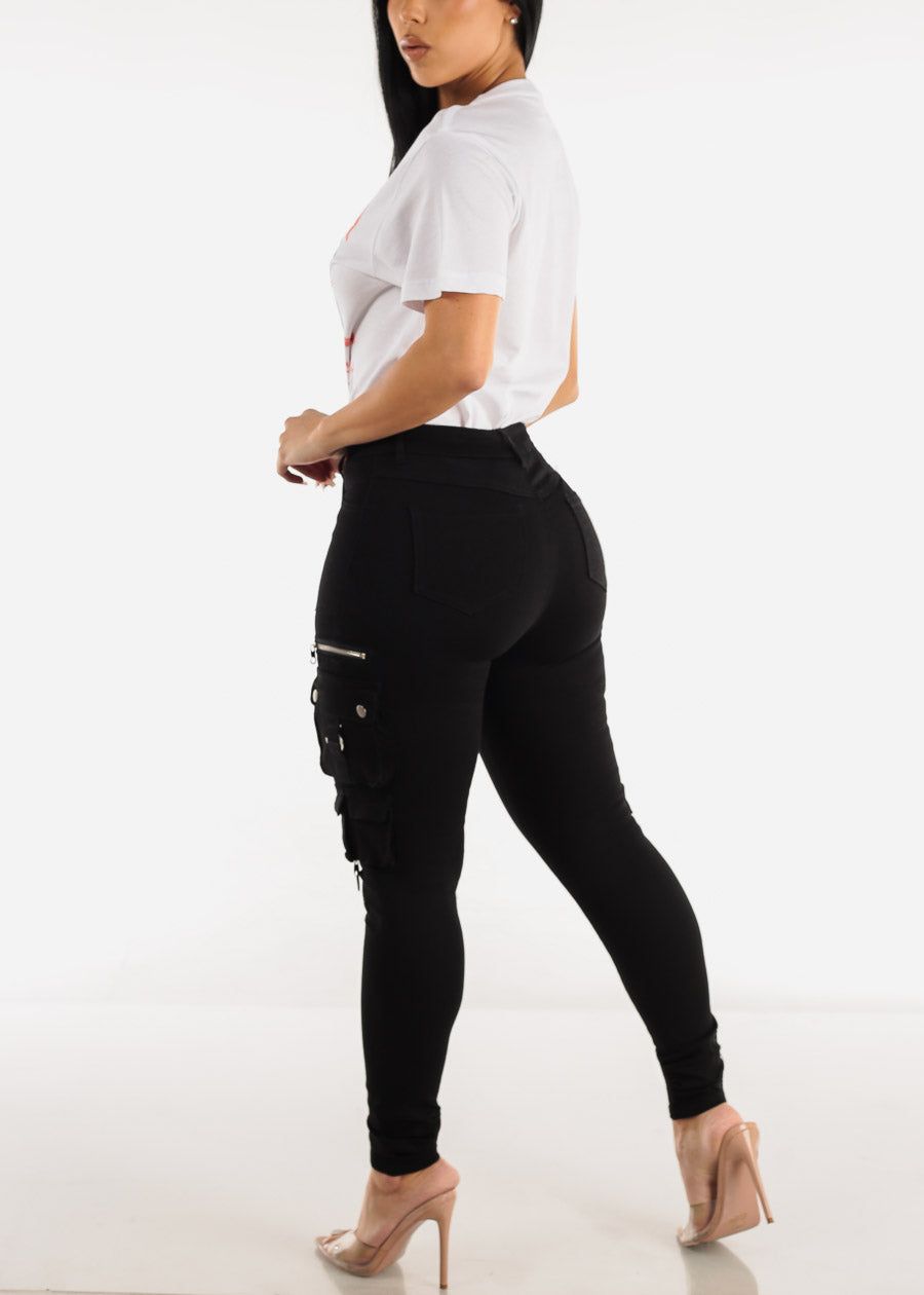 Black High Waisted Cargo Skinny Pants w Zipper Detail sold by Moda product image thumbnail 5