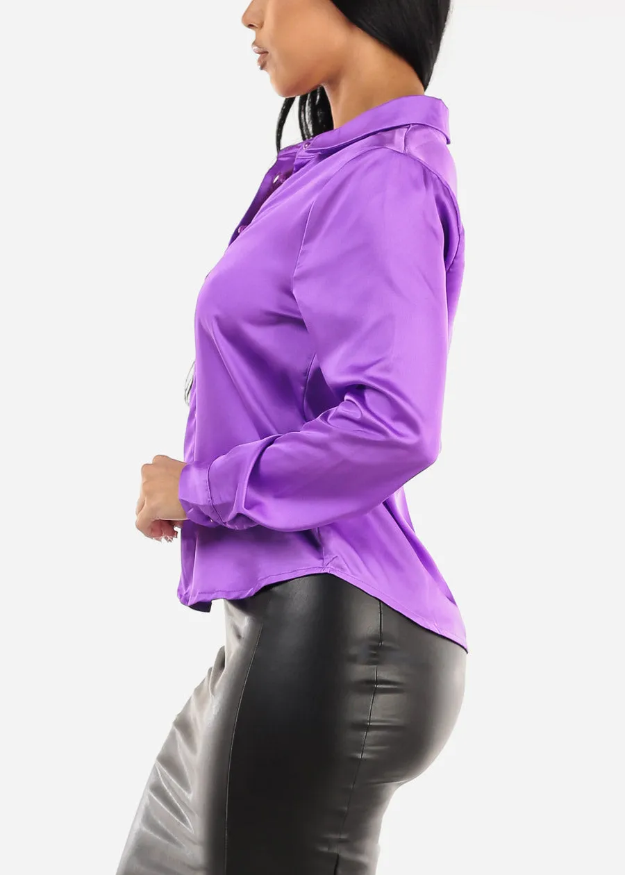 Long Sleeve Satin Button Up Collared Blouse Purple sold by Moda product image thumbnail 3