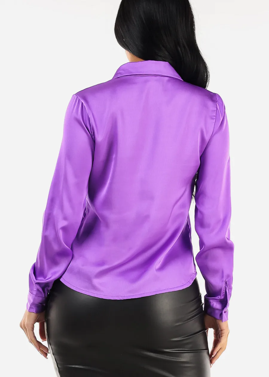 Long Sleeve Satin Button Up Collared Blouse Purple sold by Moda product image thumbnail 4