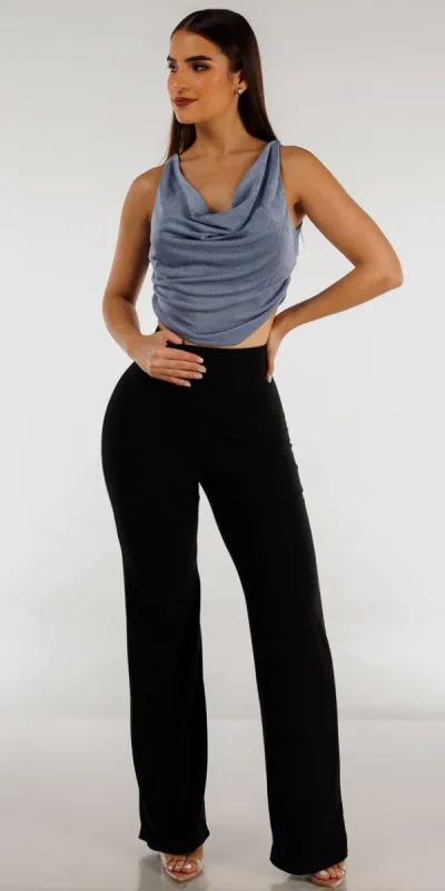 Pull On Black Wide Leg Straight Pants with Sleeveless Cowl Neckline Blue Ruched Crop Top sold by Moda