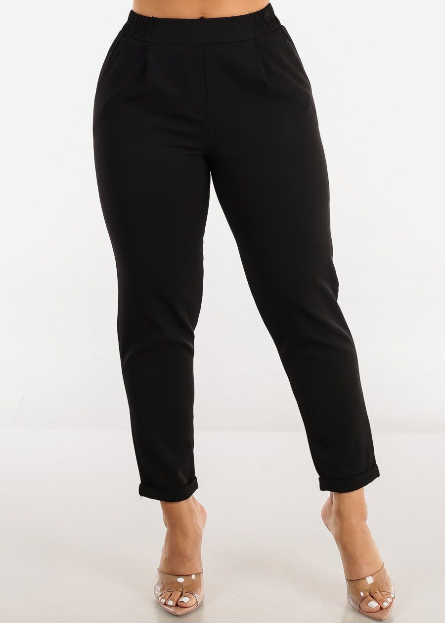 Black High Waist Tapered Ankle Pull On Dress Pants sold by Moda