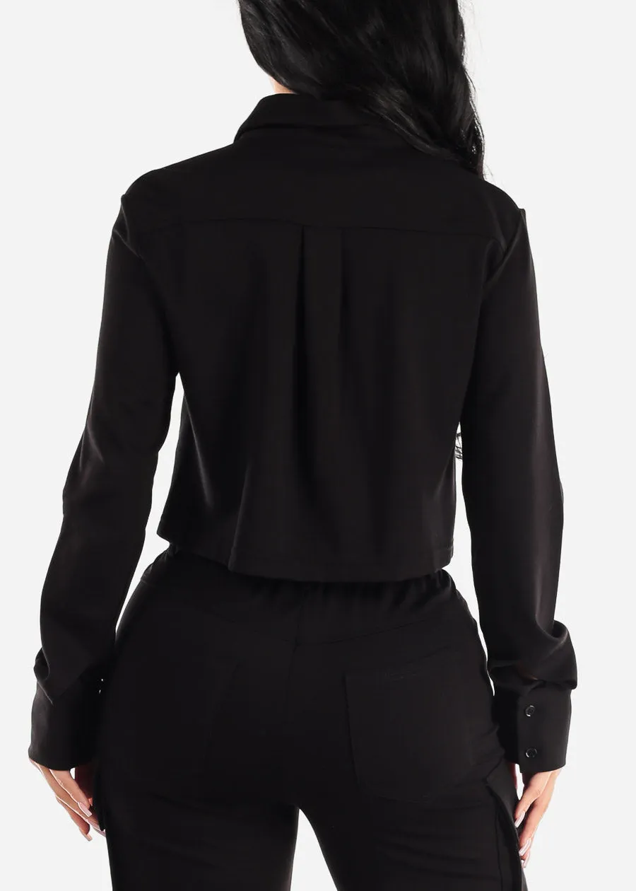 Black Crop Long Sleeve Button Up Shirt sold by Moda product image thumbnail 4