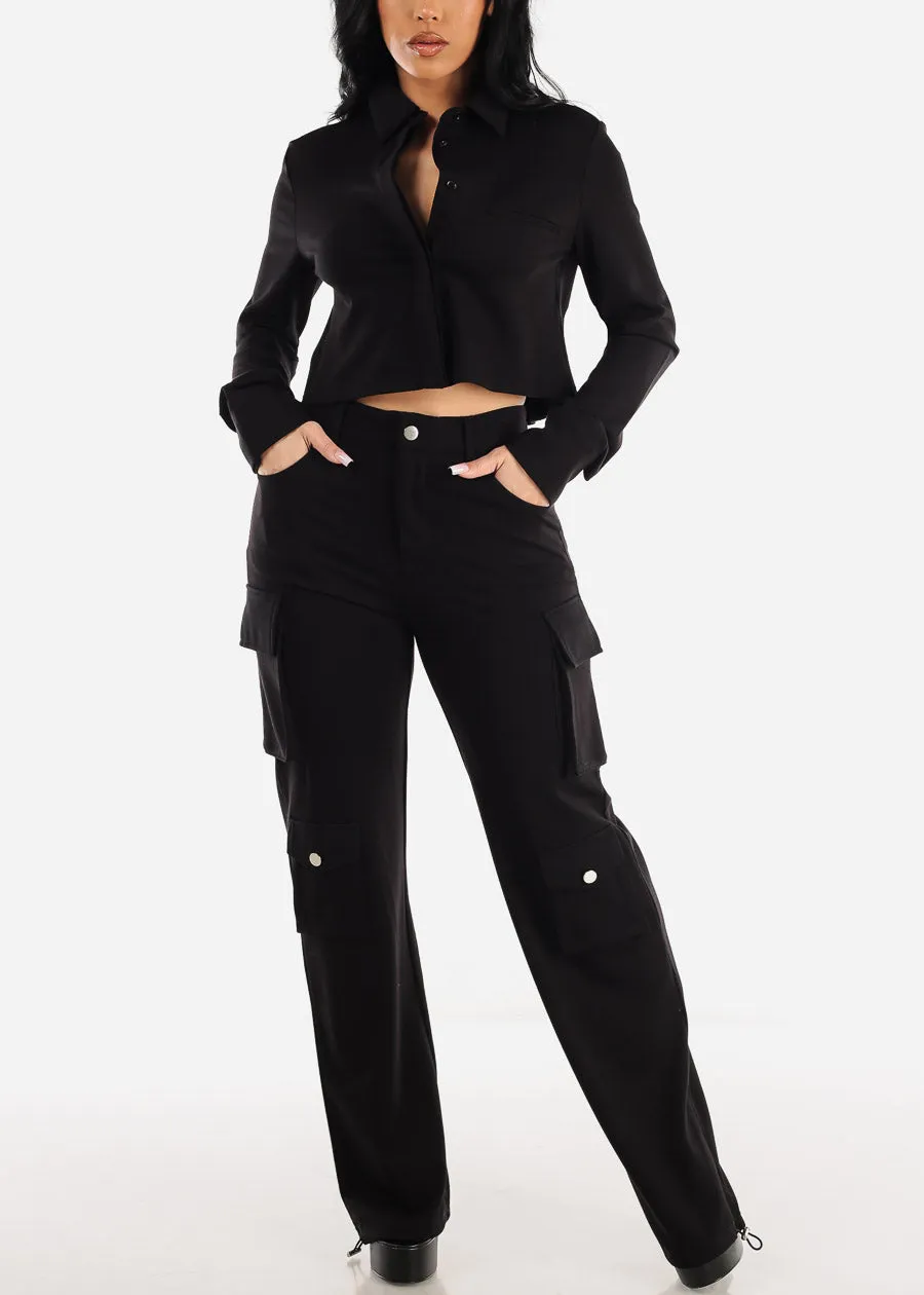 Black Crop Long Sleeve Button Up Shirt sold by Moda product image thumbnail 2
