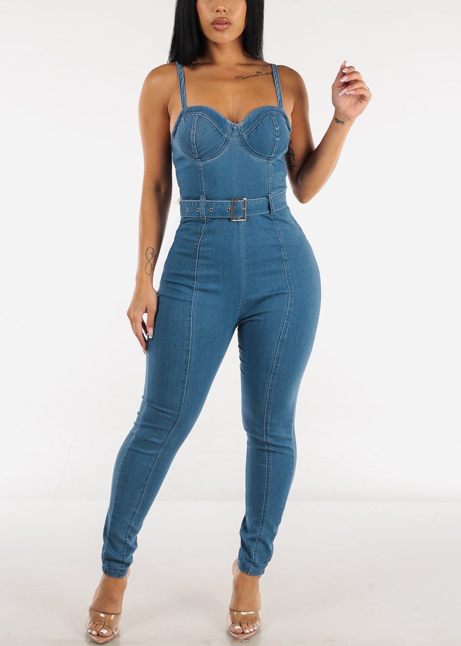 Belted Sweetheart Neckline Sleeveless Denim Jumpsuit Med Blue sold by Moda
