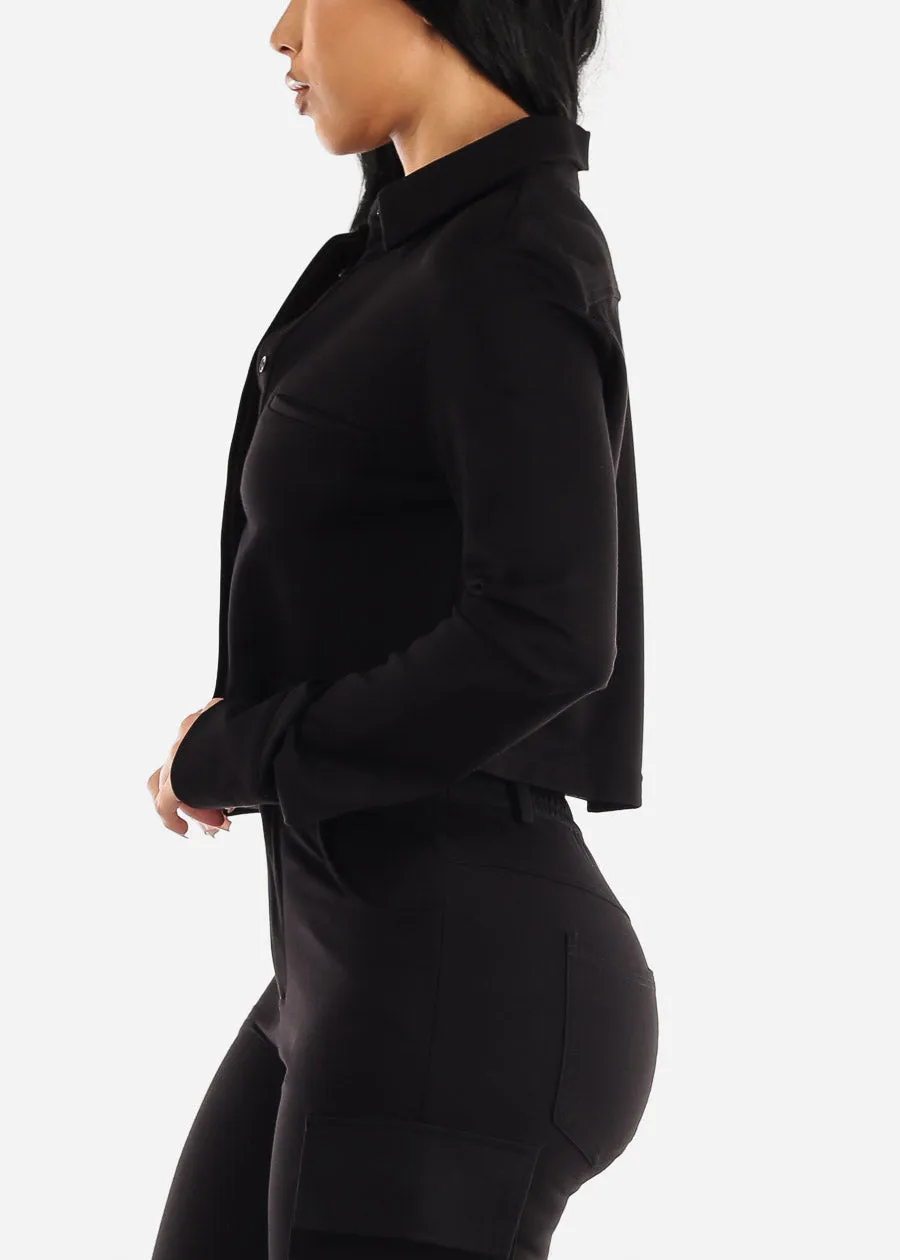 Black Crop Long Sleeve Button Up Shirt sold by Moda product image thumbnail 3