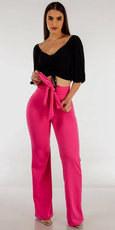 Wait Tie Wide Legged Fuchsia Pants with Black Vneck Ruched Crop Top made by Moda