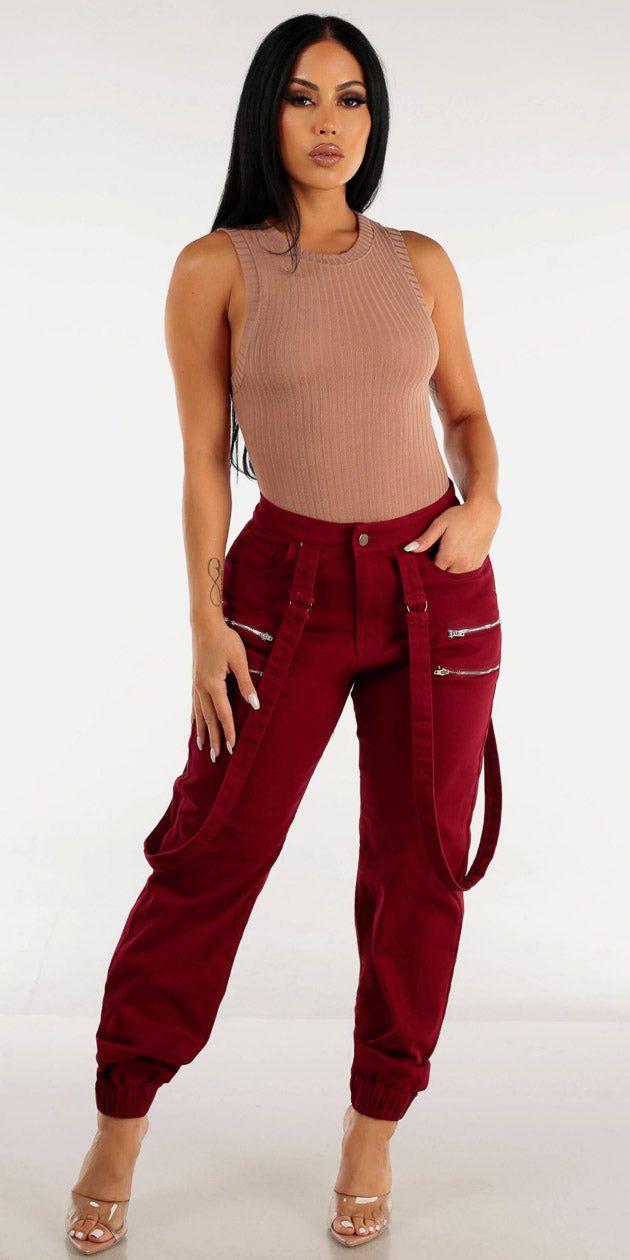 High Waisted Burgundy Jogger Pants with Sleeveless Ribbed Nude Bodysuit sold by Moda