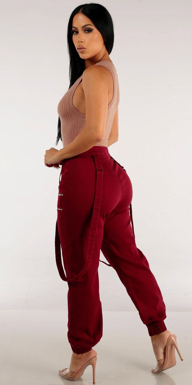 High Waisted Burgundy Jogger Pants with Sleeveless Ribbed Nude Bodysuit sold by Moda product image thumbnail 2