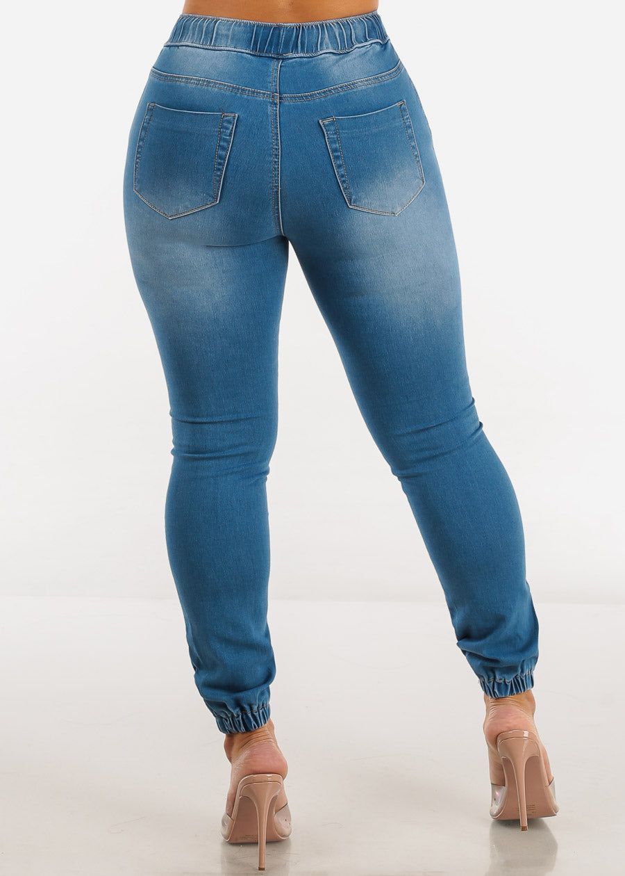High Waist Drawstring Denim Cargo Joggers Med Blue sold by Moda product image thumbnail 4