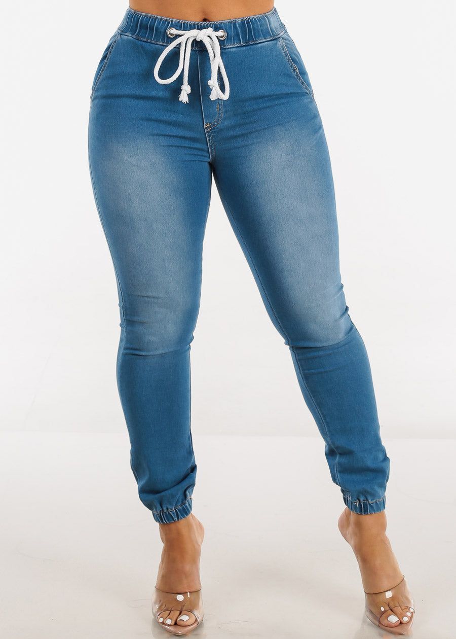 High Waist Drawstring Denim Cargo Joggers Med Blue sold by Moda