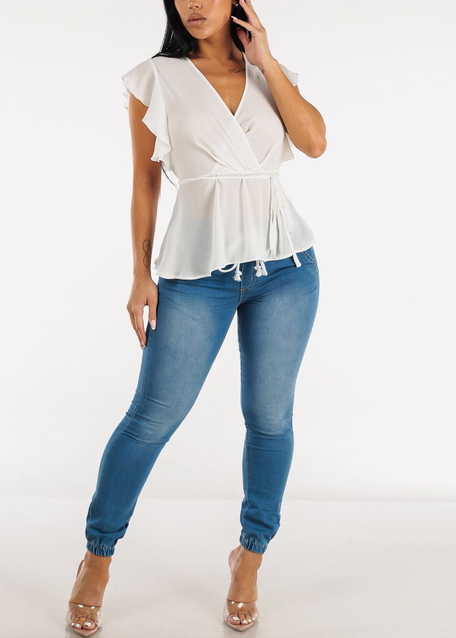 High Waist Drawstring Denim Cargo Joggers Med Blue sold by Moda product image thumbnail 2