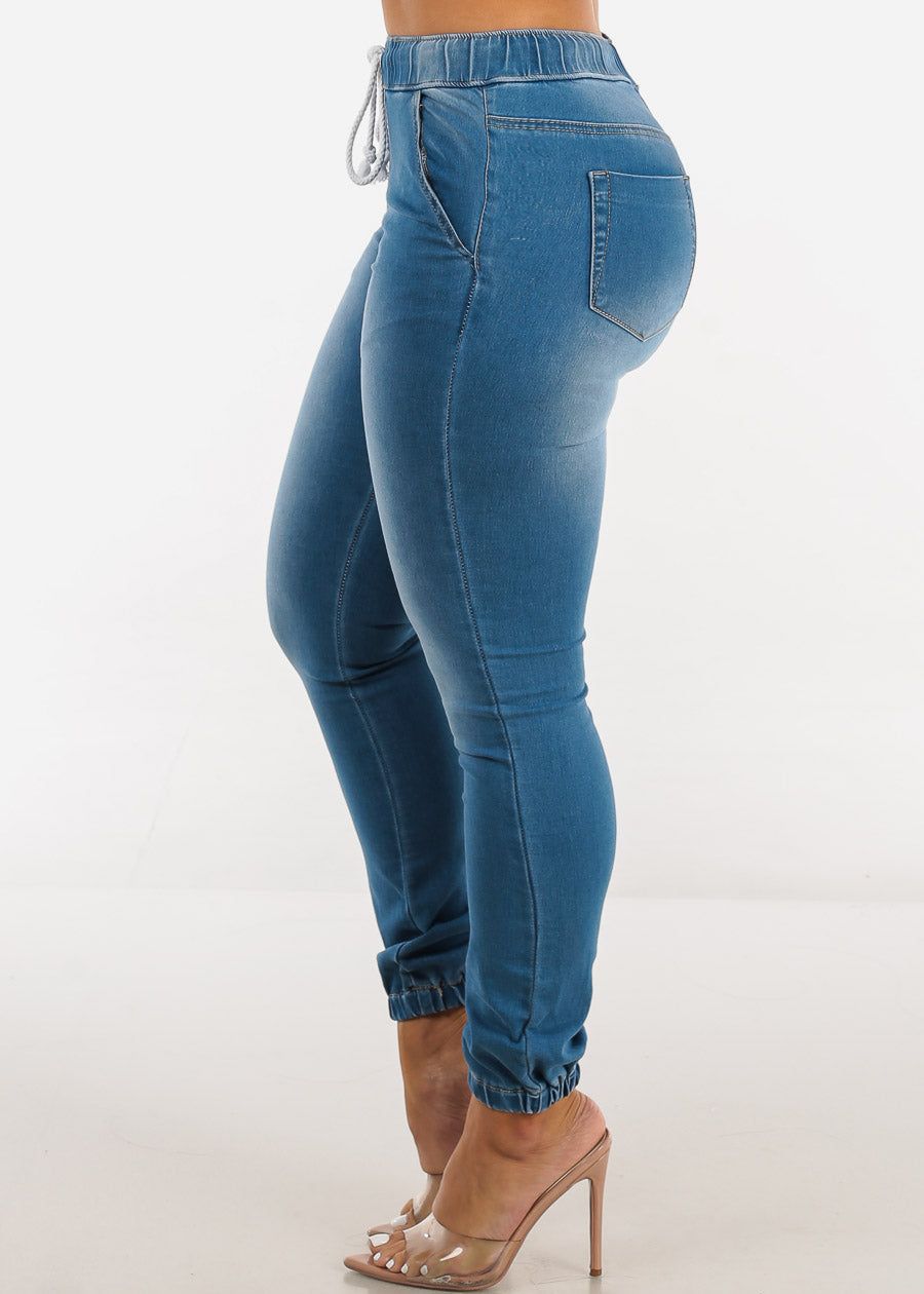 High Waist Drawstring Denim Cargo Joggers Med Blue sold by Moda product image thumbnail 3