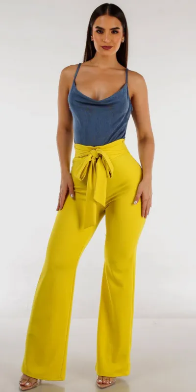 Wait Tie Wide Legged Lime Pants with Blue Sleeveless Cowl Neckline Bodysuit sold by Moda