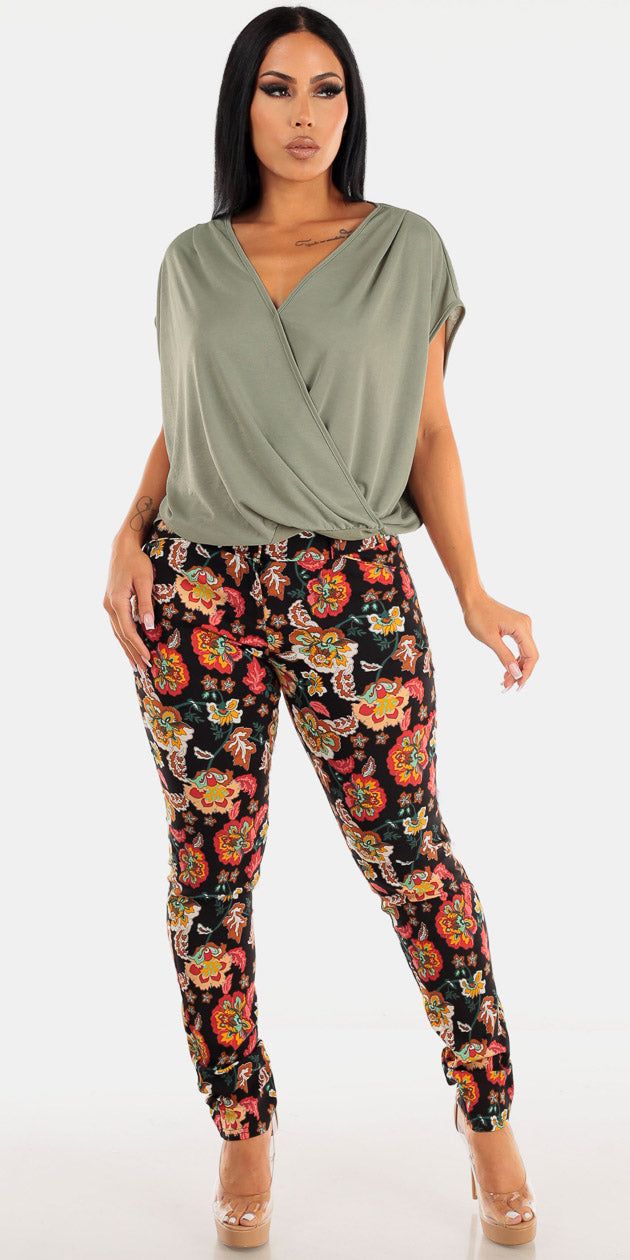 High Waisted Multicolor Floral Dressy Skinny Pants with Sage Short Sleeve Surplice Top sold by Moda
