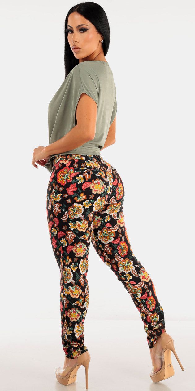 High Waisted Multicolor Floral Dressy Skinny Pants with Sage Short Sleeve Surplice Top sold by Moda product image thumbnail 2