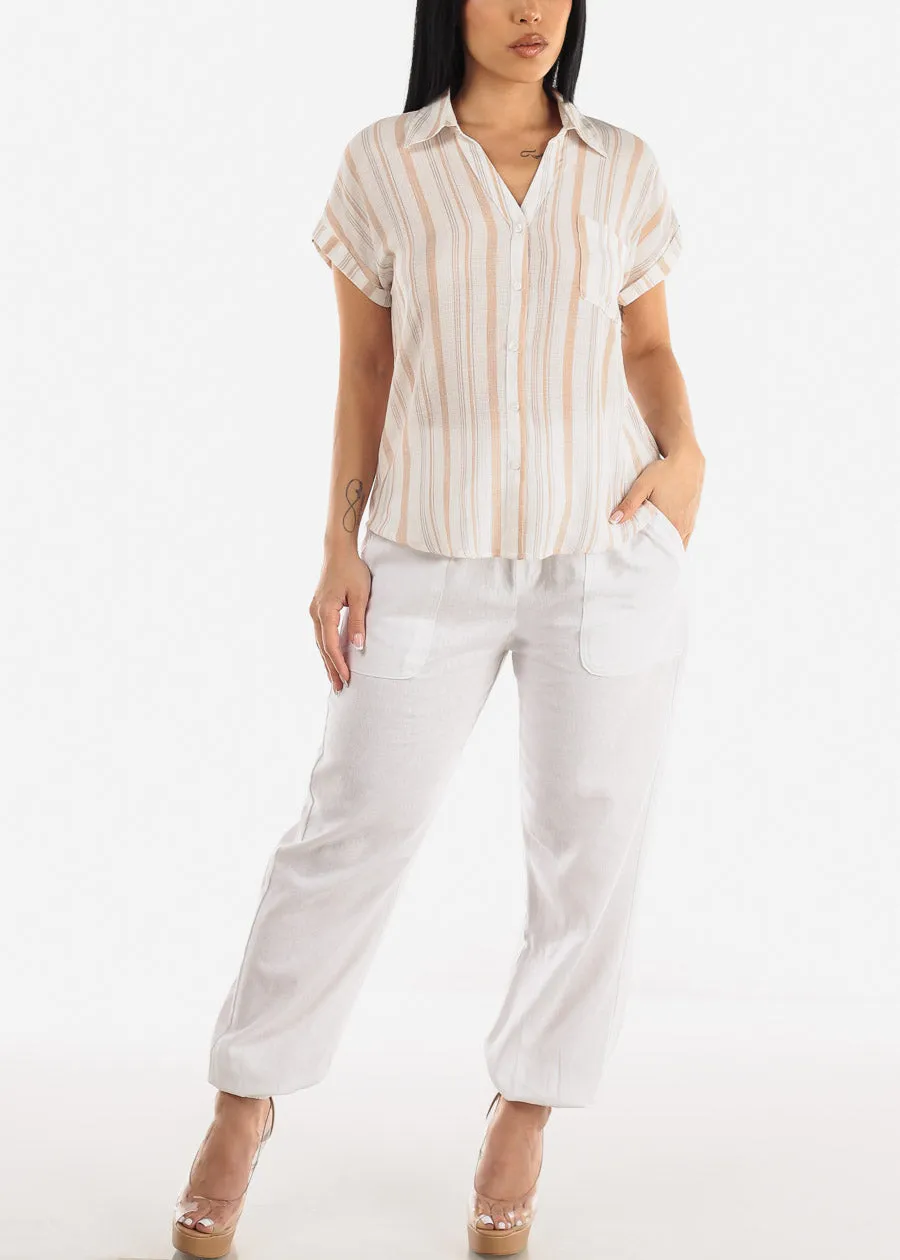 Stripe Button Up Short Sleeve Shirt Khaki sold by Moda product image thumbnail 2