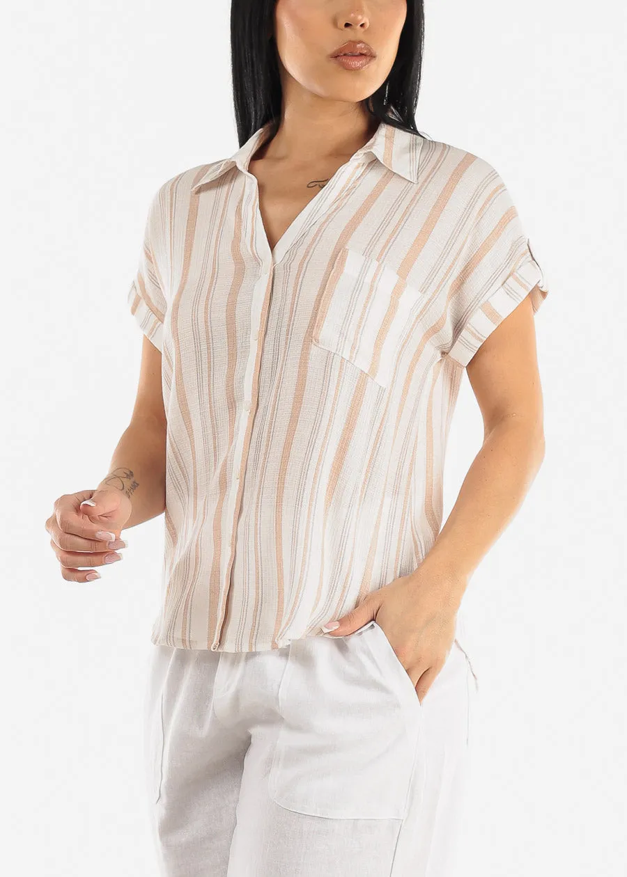 Stripe Button Up Short Sleeve Shirt Khaki sold by Moda