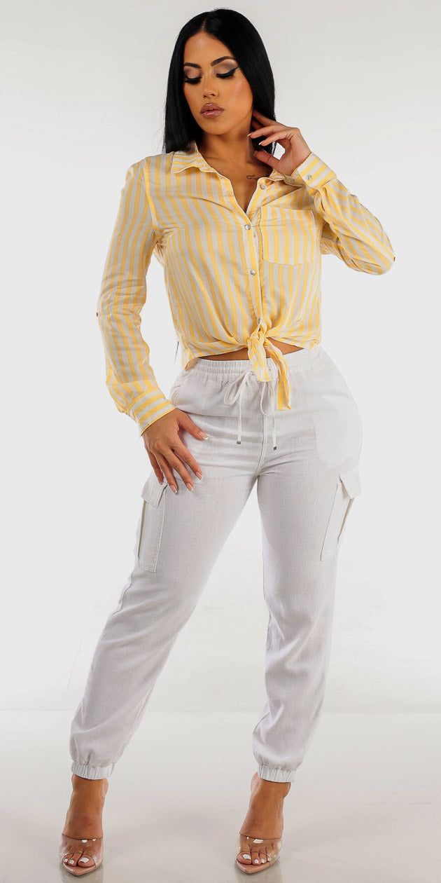 White Linen Cargo Jogger Pants with Tie Front Button Up Striped Shirt Yellow sold by Moda