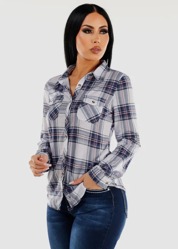 Long Sleeve Button Up Plaid Shirt Navy & White sold by Moda