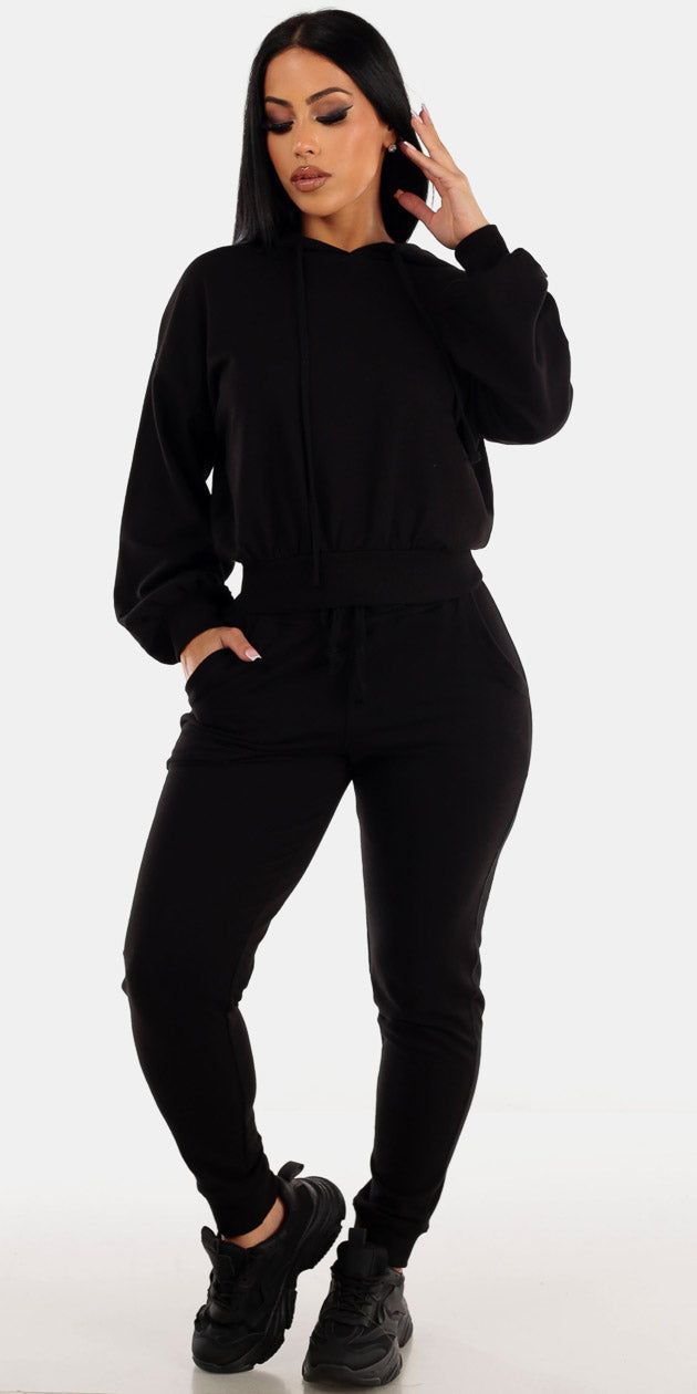Black Drawstring Waist French Terry Jogger Pants with Black Long Sleeve Pullover Hoodie sold by Moda