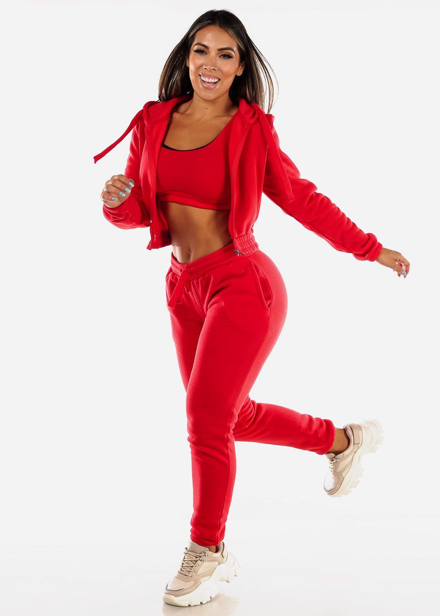 Fleece Hoodie, Sports Bra & Joggers Red (3 PCE SET) sold by Moda