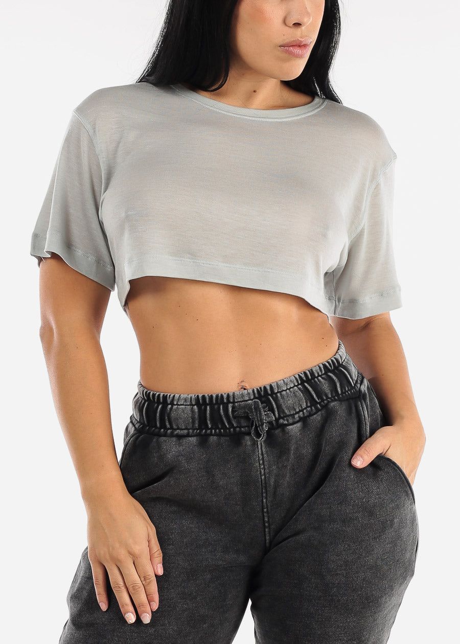 Tencel Semi Sheer Flowy Grey Crop Top sold by Moda