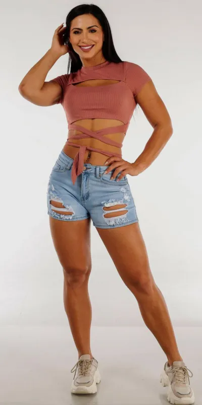 High Rise Ripped Light Blue Denim Shorts with Short Sleeve Waist Tie Crop Top sold by Moda