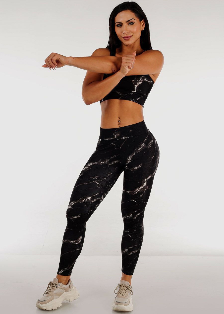 Black Racerback Sports Bra & High Rise Leggings Marble Print (2 PCE SET) sold by Moda product image thumbnail 5