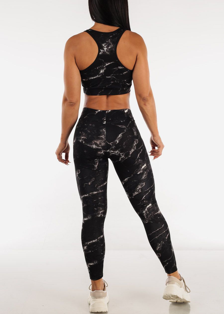 Black Racerback Sports Bra & High Rise Leggings Marble Print (2 PCE SET) sold by Moda product image thumbnail 3