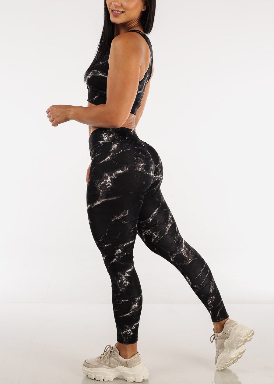 Black Racerback Sports Bra & High Rise Leggings Marble Print (2 PCE SET) sold by Moda product image thumbnail 4