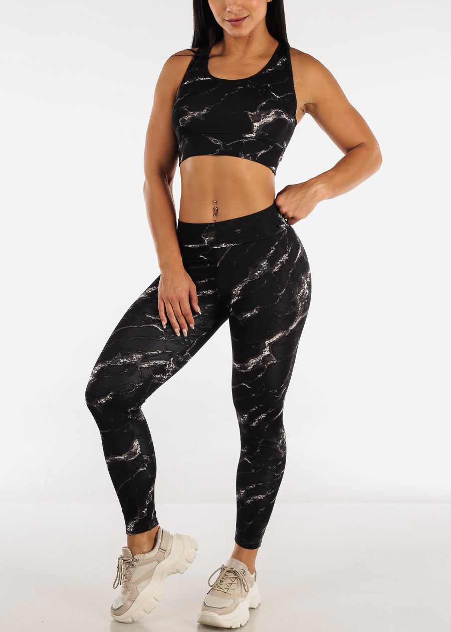 Black Racerback Sports Bra & High Rise Leggings Marble Print (2 PCE SET) sold by Moda
