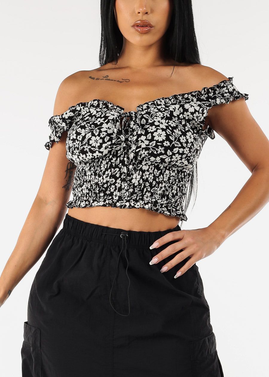 Off Shoulder Smocked Waist Floral Crop Top Black sold by Moda