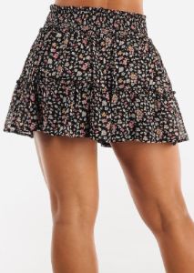 Smocked Waist Floral Ruffled Mini Skirt Black sold by Moda