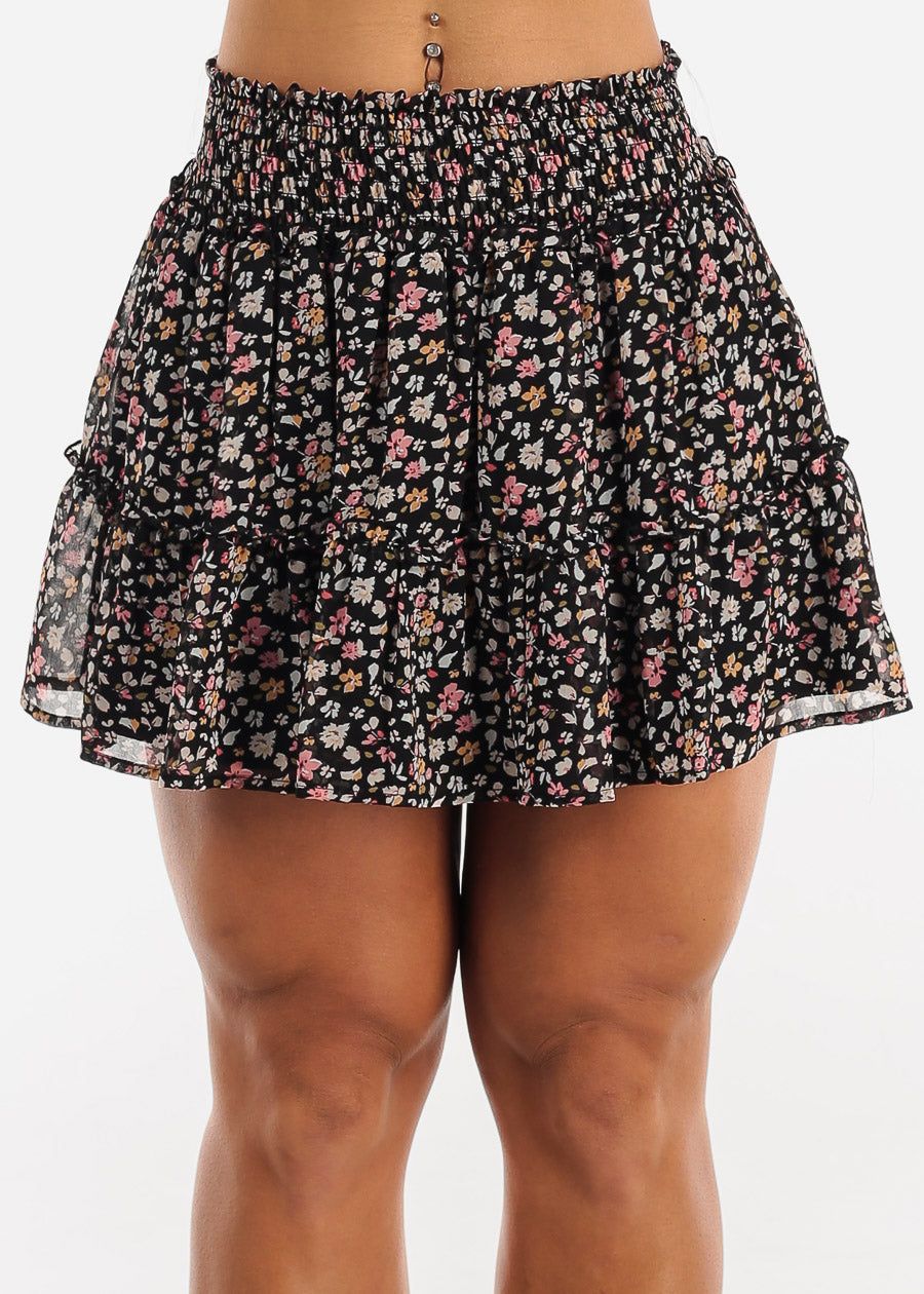 Smocked Waist Floral Ruffled Mini Skirt Black sold by Moda