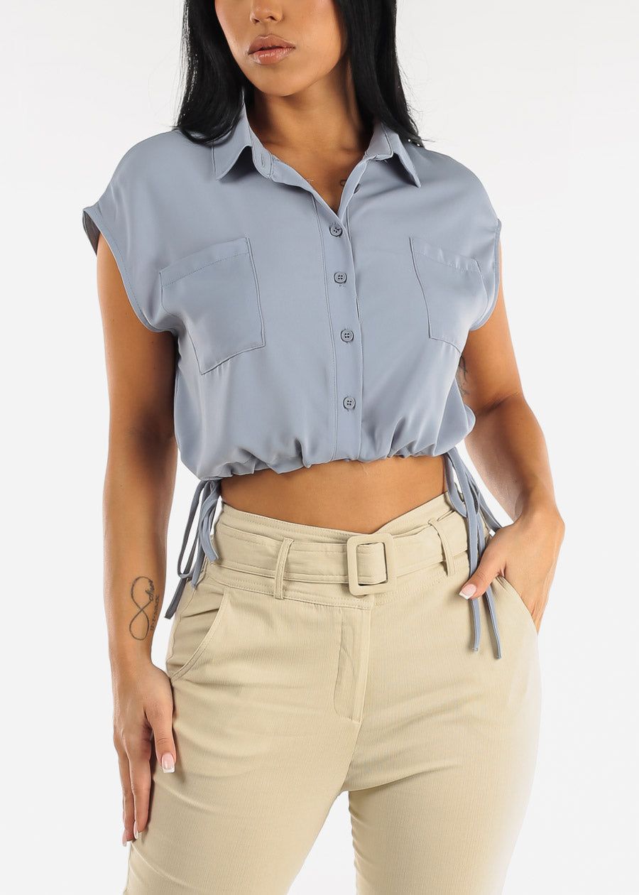 Blue Button Up Shirt w Adjustable Drawstring Hem sold by Moda