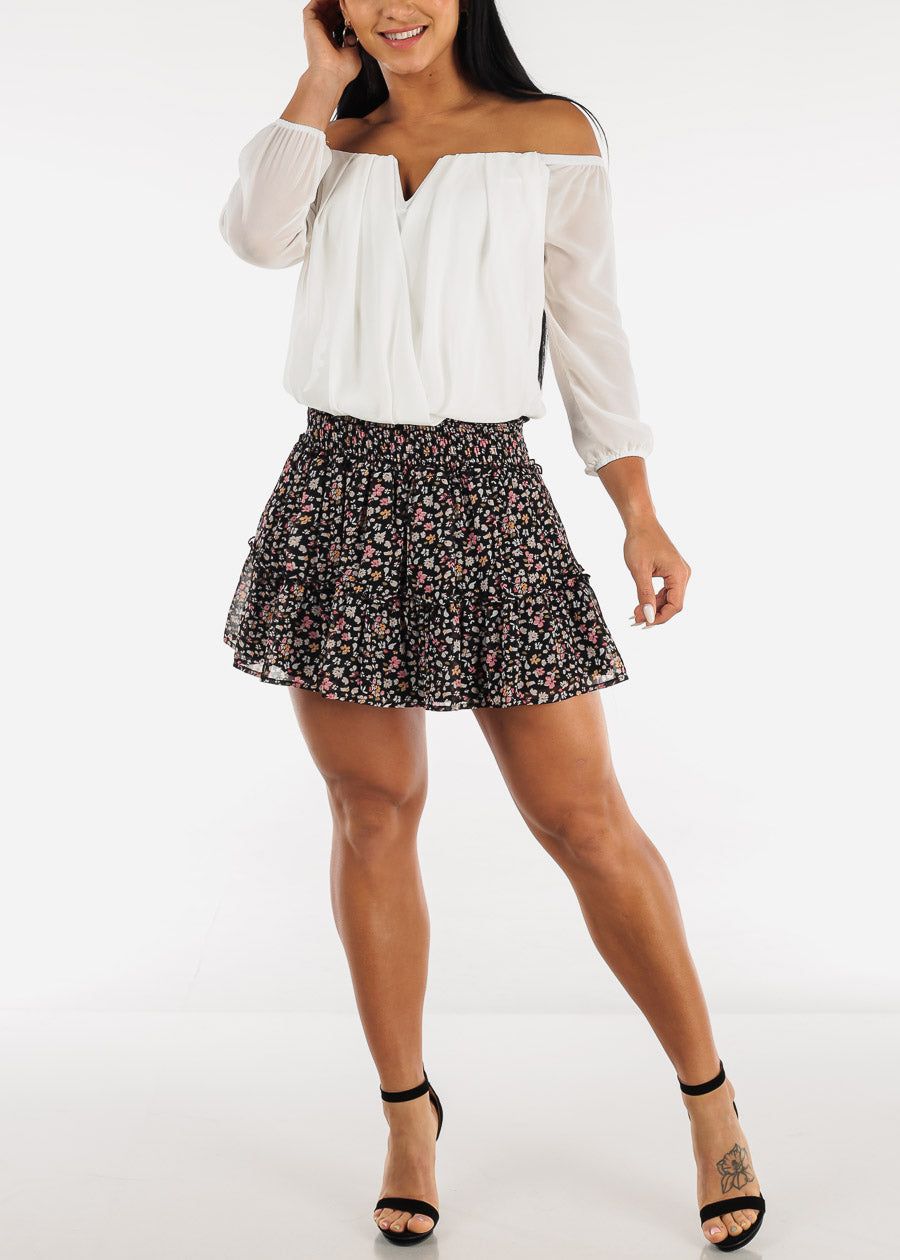 Smocked Waist Floral Ruffled Mini Skirt Black sold by Moda product image thumbnail 2