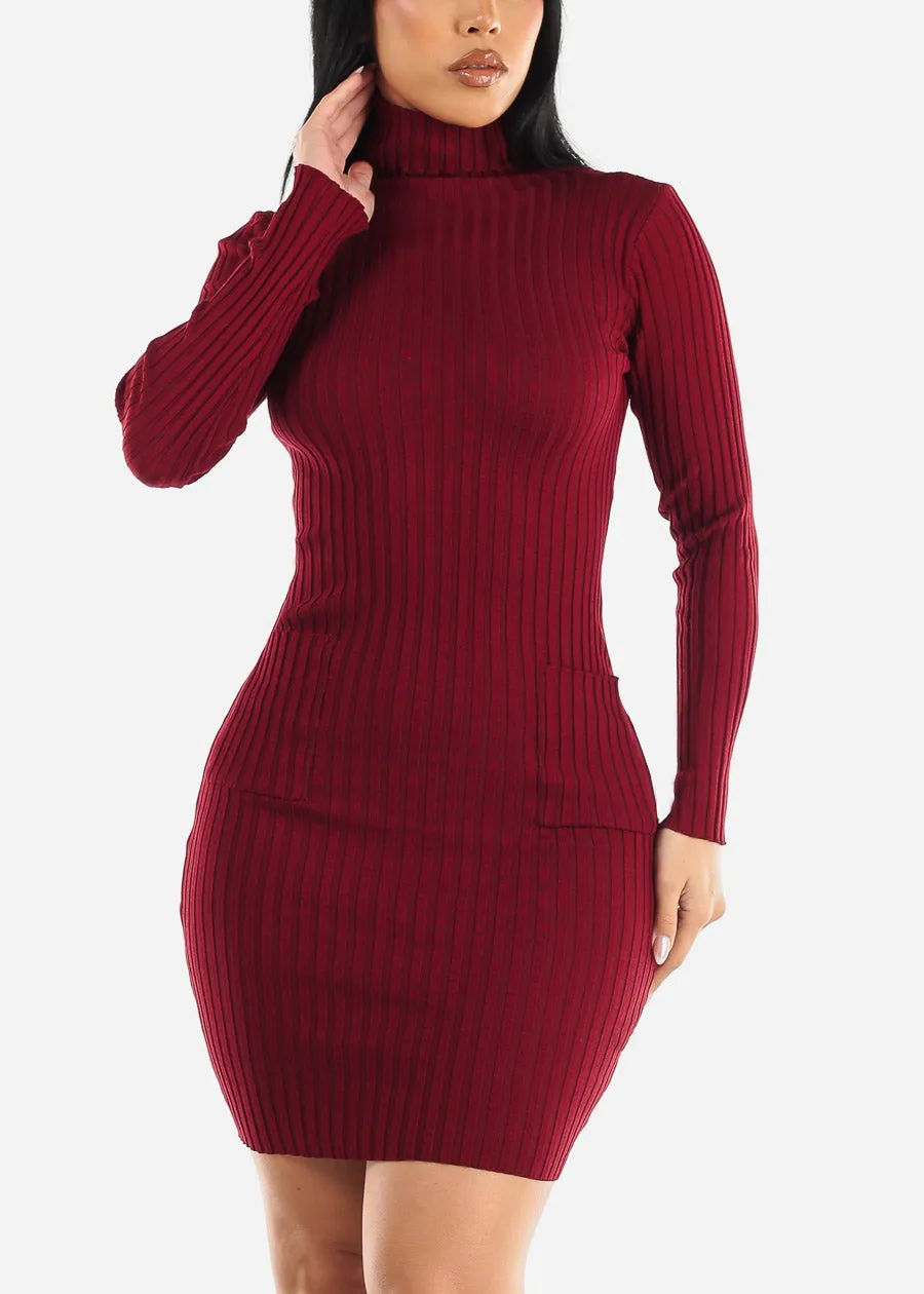 Long Sleeve Turtleneck Sweater Dress Burgundy w Pockets sold by Moda