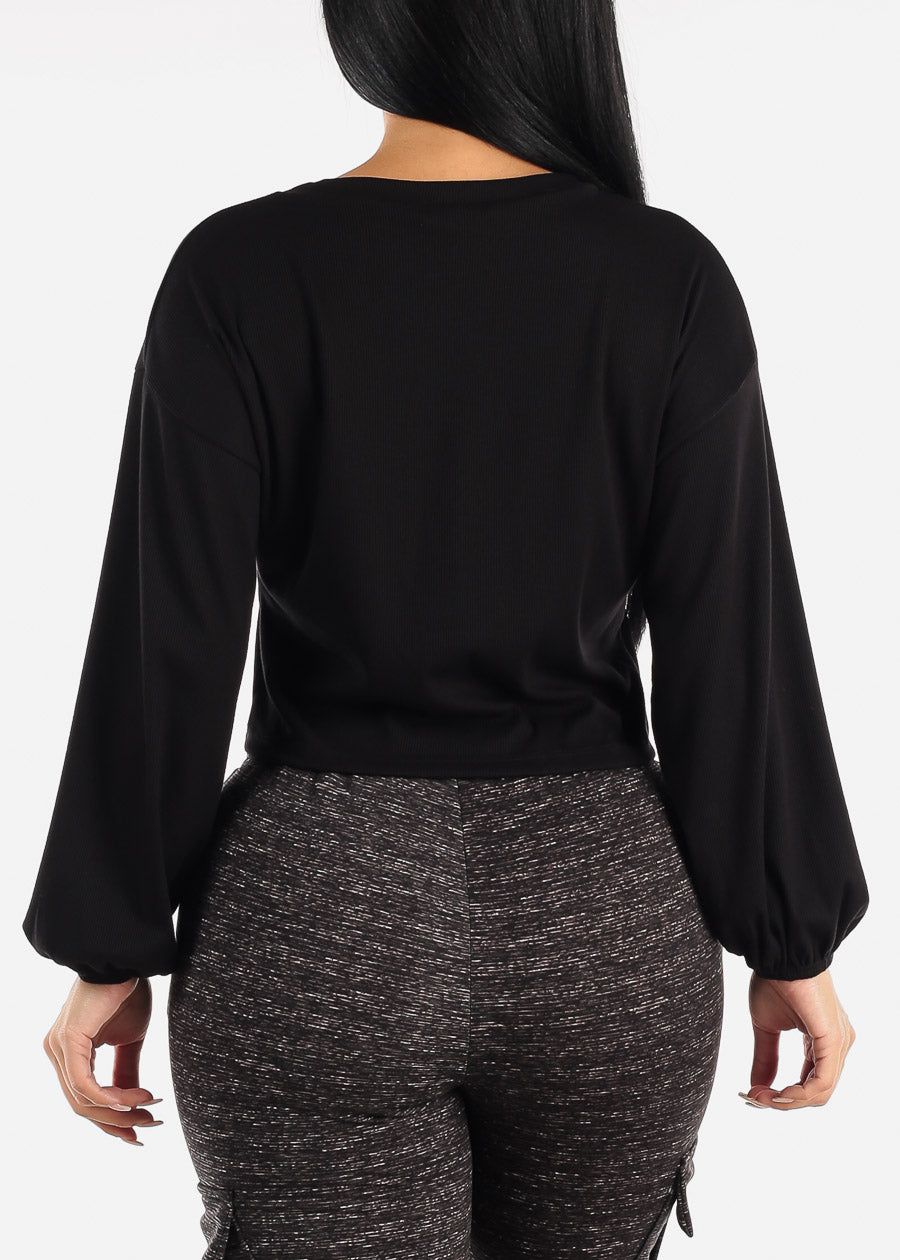 Black Ribbed Long Sleeve Crop Top sold by Moda product image thumbnail 4