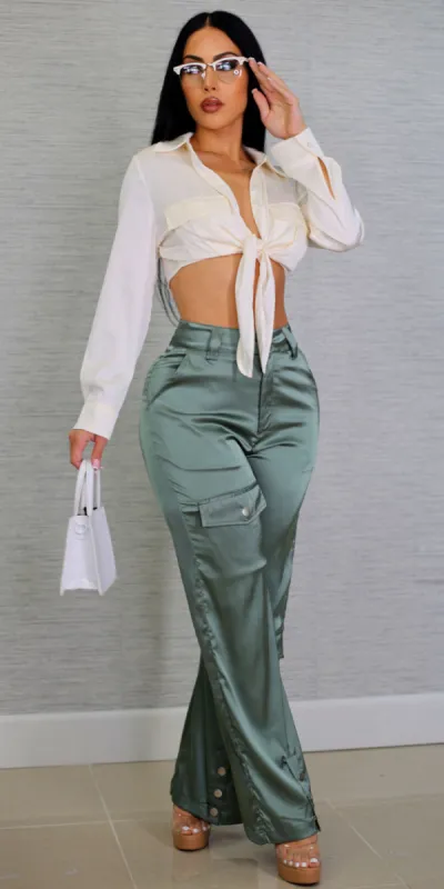 Tie Front Satin Wide Leg Outfit sold by Moda