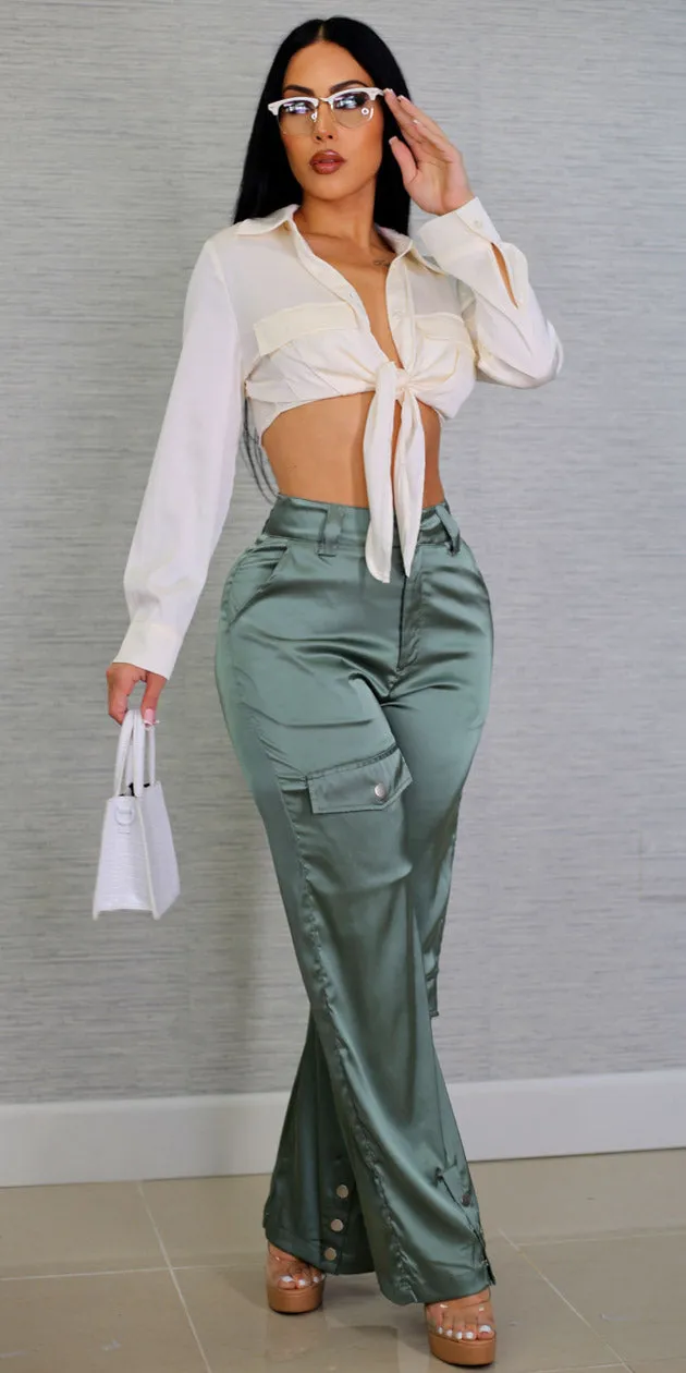 Tie Front Satin Wide Leg Outfit sold by Moda