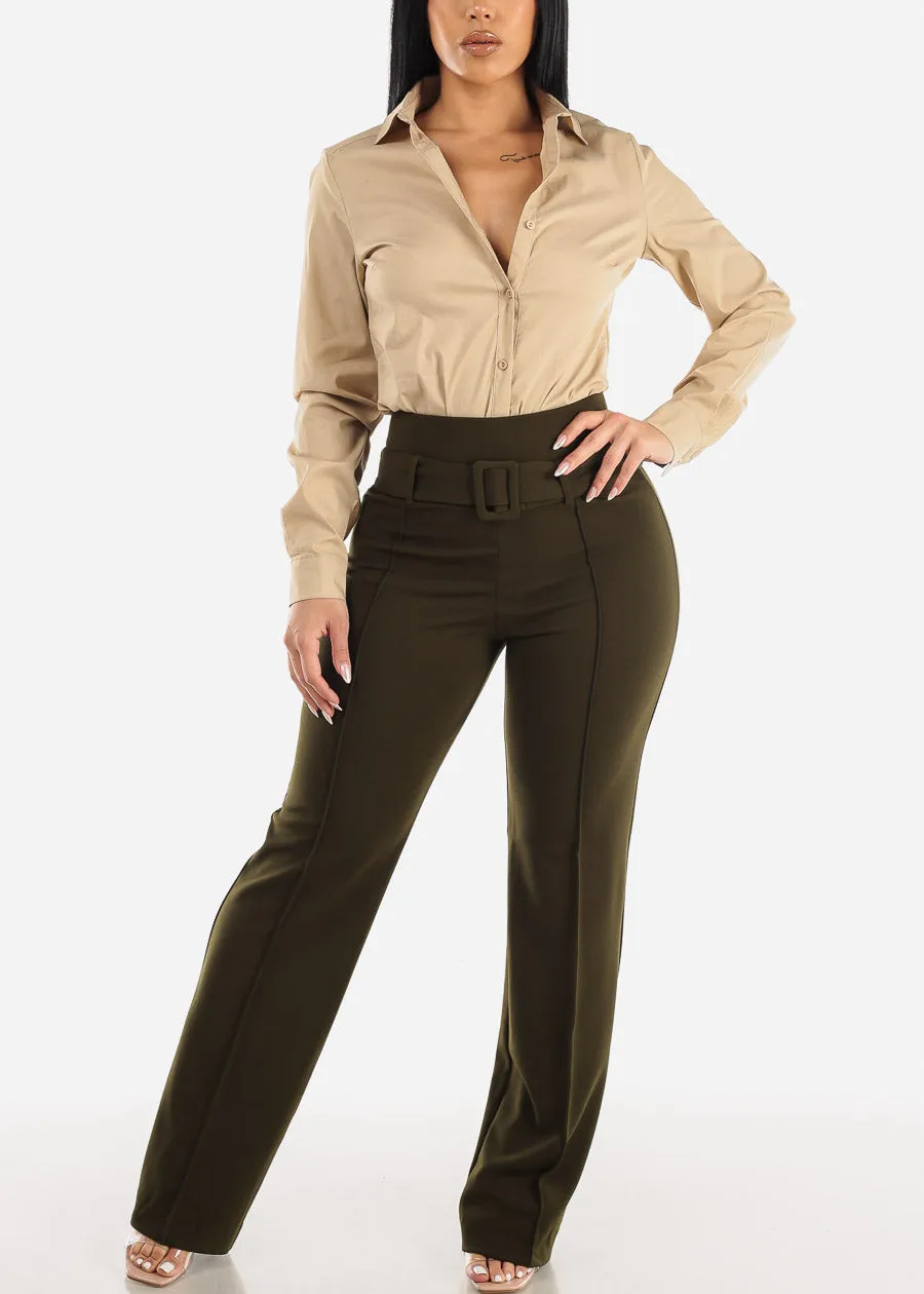 Khaki Long Sleeve Button Down Collared Bodysuit sold by Moda product image thumbnail 2