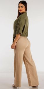 Khaki Spandex Waist Wide Leg Linen Pants with Olive Tie Front Button Up Shirt sold by Moda