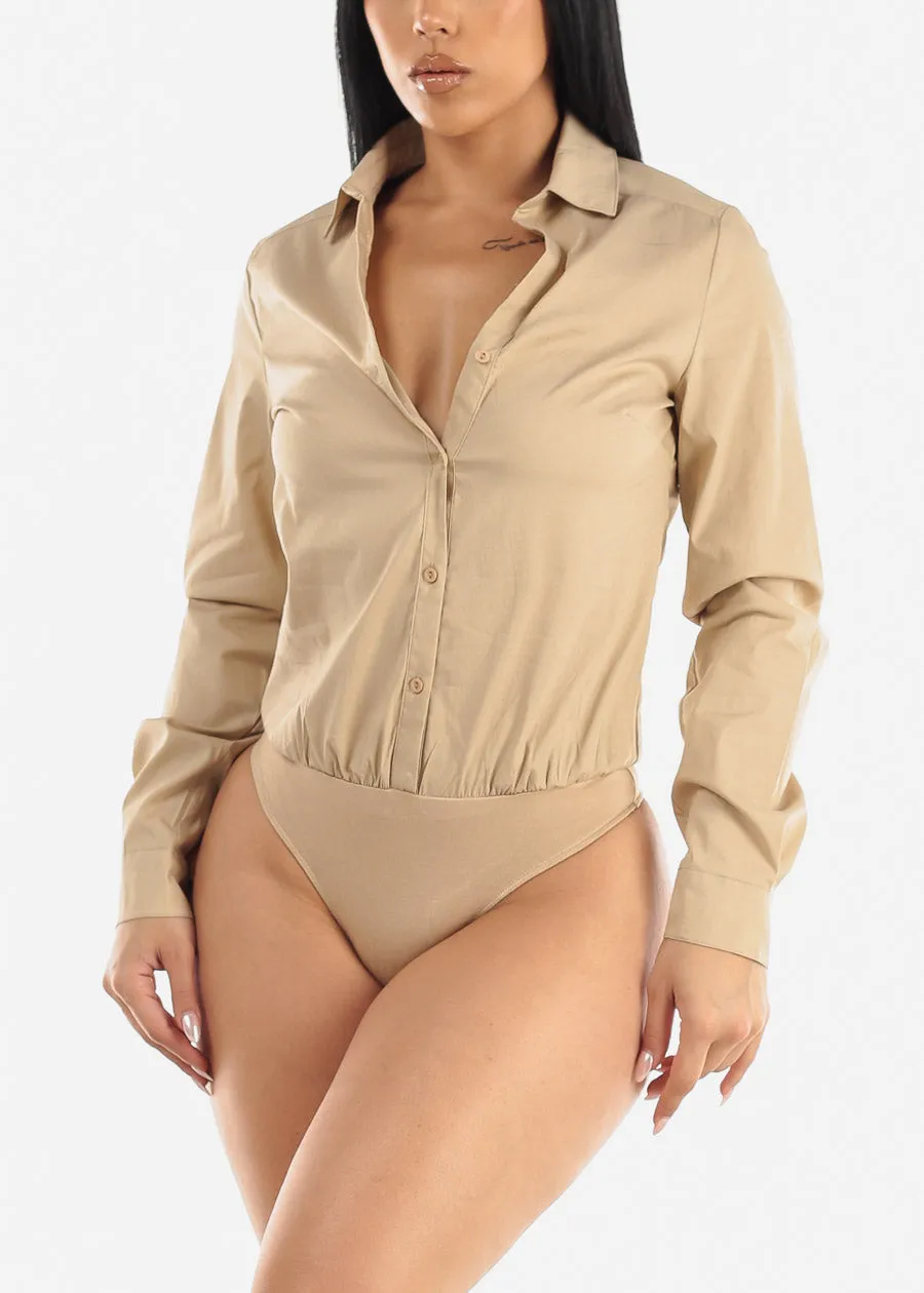 Khaki Long Sleeve Button Down Collared Bodysuit sold by Moda
