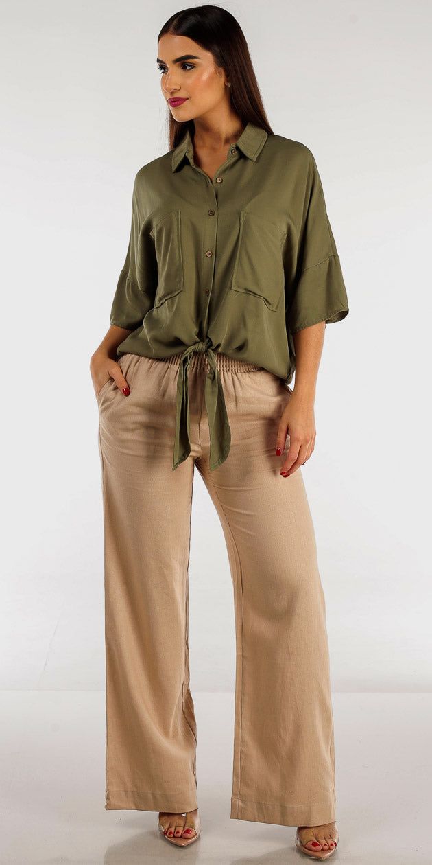 Khaki Spandex Waist Wide Leg Linen Pants with Olive Tie